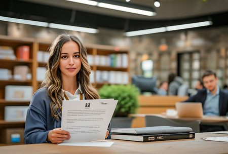 Portrait of beautiful young business woman holding contract and looking at camera in officeの素材