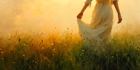 Woman in white dress walking in the field with dandelions.の素材