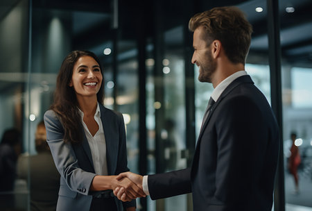 Business people shaking hands in the office. Businessman and businesswoman greeting each other with handshake.の素材