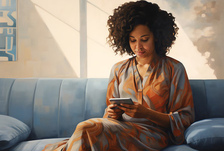 Beautiful woman in pajamas using mobile phone while sitting on sofa at homeの素材
