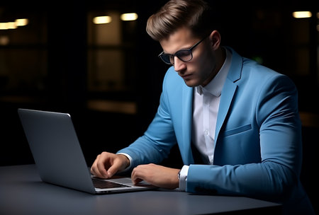 Handsome young businessman working on laptop computer at night office.の素材