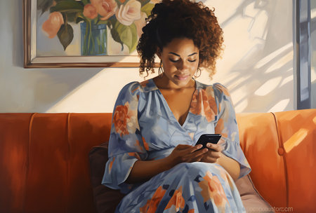 Beautiful african american woman using mobile phone while sitting on sofa at homeの素材