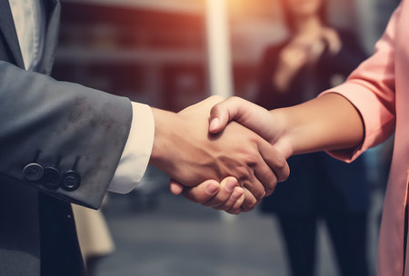 Business people shaking hands, finishing up a meeting. Business success concept.の素材