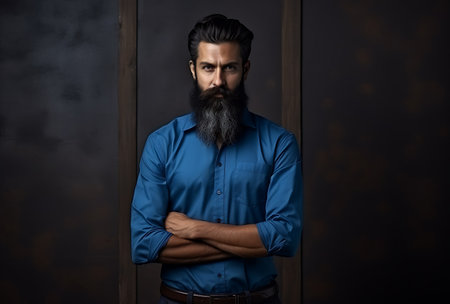 Portrait of a handsome bearded man in a blue shirt on a dark backgroundの素材