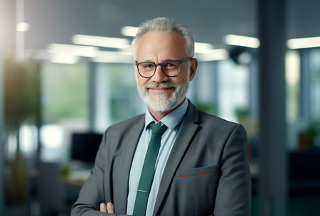 Portrait of smiling senior businessman in eyeglasses standing in officeの素材