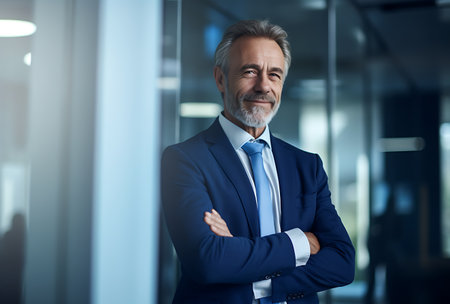 Portrait of confident mature businessman standing with arms crossed in modern officeの素材
