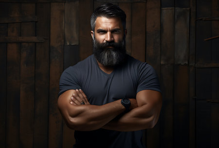 Portrait of a handsome bearded man with crossed arms on dark backgroundの素材