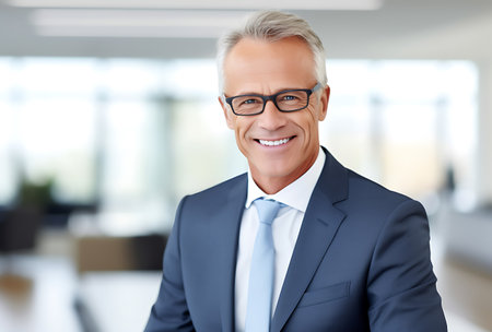 Portrait of a smiling mature businessman in eyeglasses standing in officeの素材