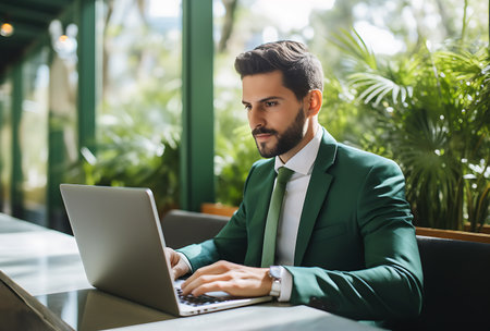 Handsome businessman in green suit using laptop in cafe and looking awayの素材