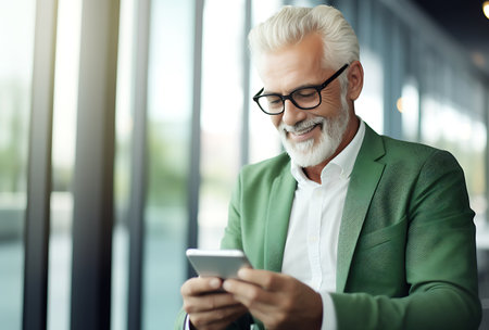 Handsome mature businessman in eyeglasses using smartphone in officeの素材