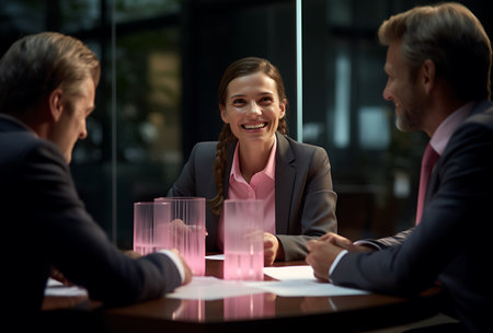Business people sitting at table and discussing new project. Businesswoman smiling and looking at camera.の素材