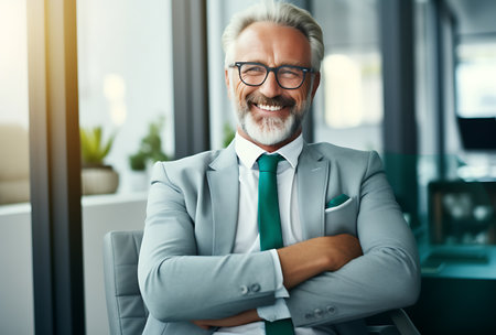Cheerful mature businessman in eyeglasses smiling and looking at camera in officeの素材