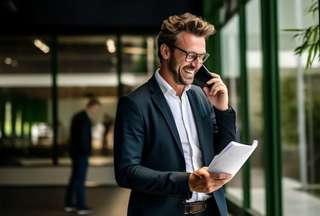 Handsome businessman in suit and eyeglasses is talking on the phone and smiling while standing in officeの素材