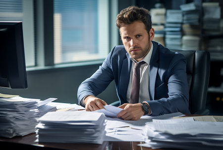 Handsome businessman working in office, sitting at desk with piles of papers.の素材