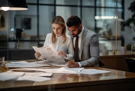businessman and businesswoman working with documents at table in modern officeの素材