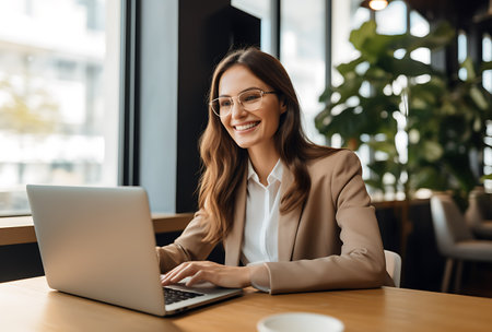 smiling businesswoman in eyeglasses working with laptop in cafeの素材