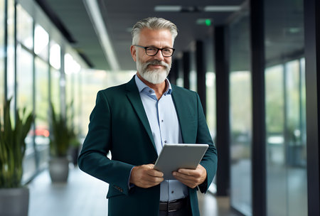 Portrait of senior businessman using digital tablet while standing in office lobbyの素材