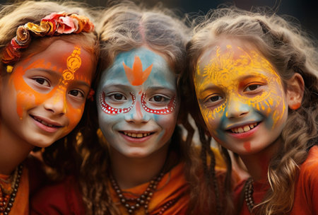 Portrait of group of children with face painting at the festival of Halloweenの素材