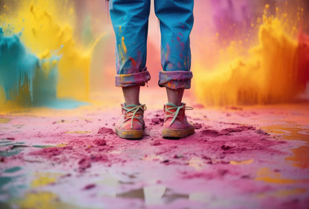 Feet of a girl in sneakers on the background of holi paintsの素材