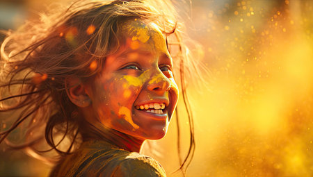 Portrait of a little girl playing with holi powder outdoors.の素材