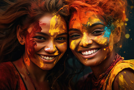 Portrait of two beautiful young women with paint on faces and body.の素材