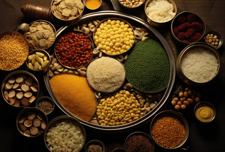 Variety of cereals in metal bowl, Indian food background.の素材