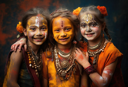 Portrait of a group of Indian girls with painted face and face artの素材