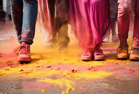 Colorful holi powder splashing on feet of people during Holi festivalの素材