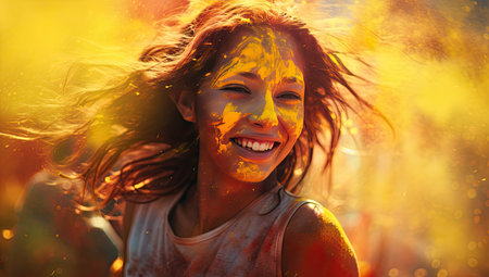 Portrait of a happy young woman playing with holi powder outdoorsの素材