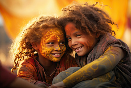 Portrait of two girls with painted face in the park at sunsetの素材