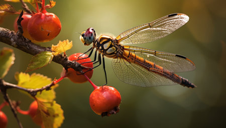 Dragonfly on a branch with red berries in the autumn forest.の素材