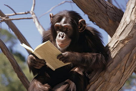 Chimpanzee sitting on a tree and reading a book.の素材