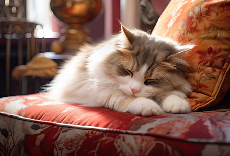 beautiful long-haired cat of siberian breed on the sofaの素材
