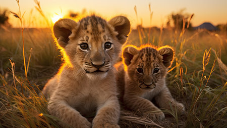 Lion cubs in the grass at sunset in Serengeti National Park, Tanzaniaの素材