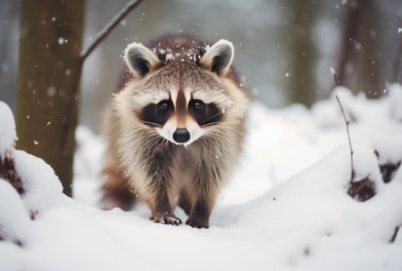 Portrait of a raccoon in winter forest. Wildlife scene from nature.の素材