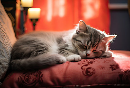 Siberian cat sleeping on a red sofa in the living roomの素材