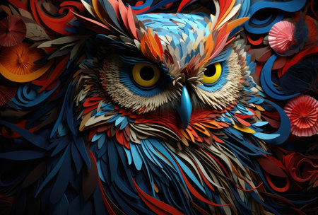 Owl made of colorful paper on black background. 3d illustrationの素材