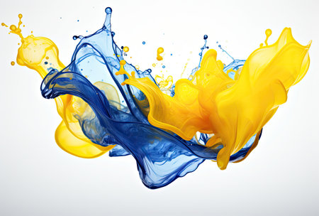 Splash of yellow and blue paint isolated on white background. 3d renderingの素材