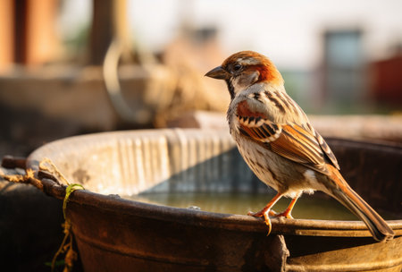 House Sparrow (Passer domesticus) on a hot spring.の素材