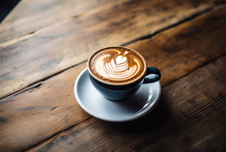 Coffee cup on wooden table with latte art in coffee shopの素材