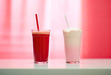 Milkshake in a glass with a straw on a pink backgroundの素材