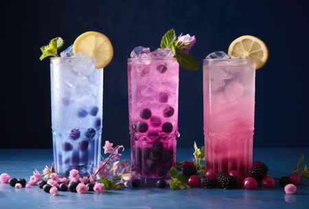 Blueberry, blackberry, raspberry and blueberry lemonade with ice cubes on blue backgroundの素材