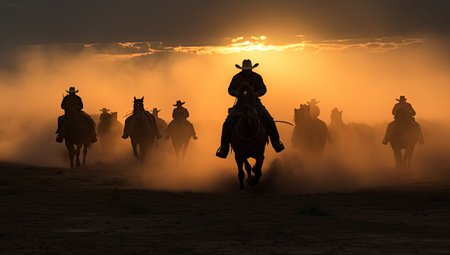 Silhouette of camel rider in the desert at sunset time.の素材