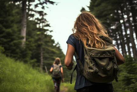 Back view of young woman with backpack hiking in the forest, rear viewの素材