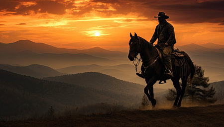 Cowboy riding a horse in the mountains at sunset. 3d renderingの素材
