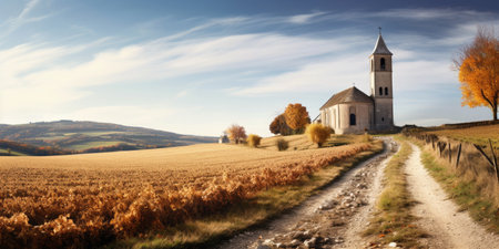 church in autumn, panoramic view of the rural landscape.の素材