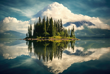Mountains reflected in the lake with pine trees and cloudy sky.の素材