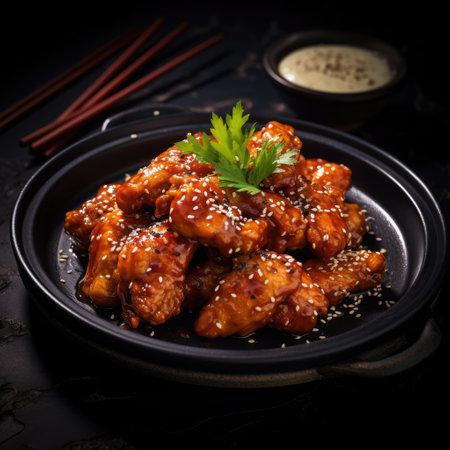 Teriyaki chicken with sauce and sesame seeds on black backgroundの素材
