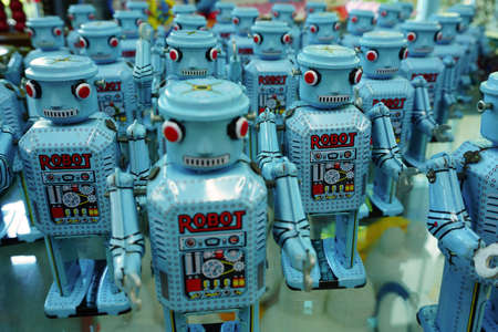 Ayutthaya ,Thailand : Blue Robot parade Collection at the million toy Museum on Jan 26, 2016.のeditorial素材