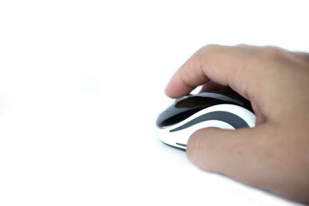 Hand hold a mouse on white backgroundの写真素材